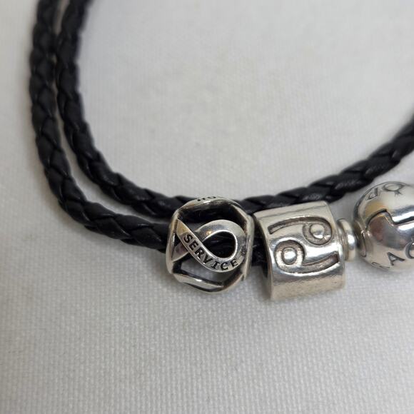 Pandora Sterling Silver Black Leather Braided Wrap Bracelet w/ 3 Charms - Picture 4 of 10